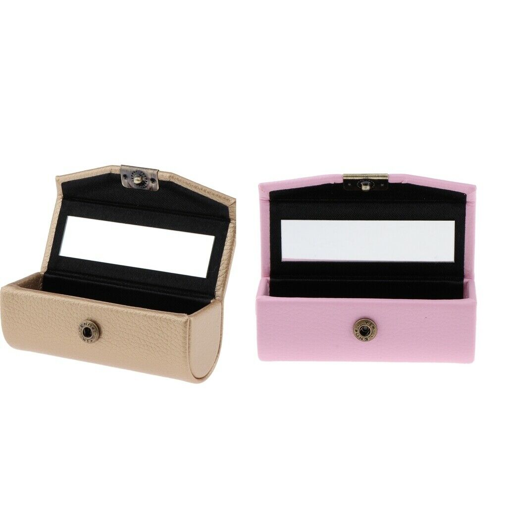 Leather Lipstick Case Holder Storage Box mirror Purse Pocket Pink Golden
