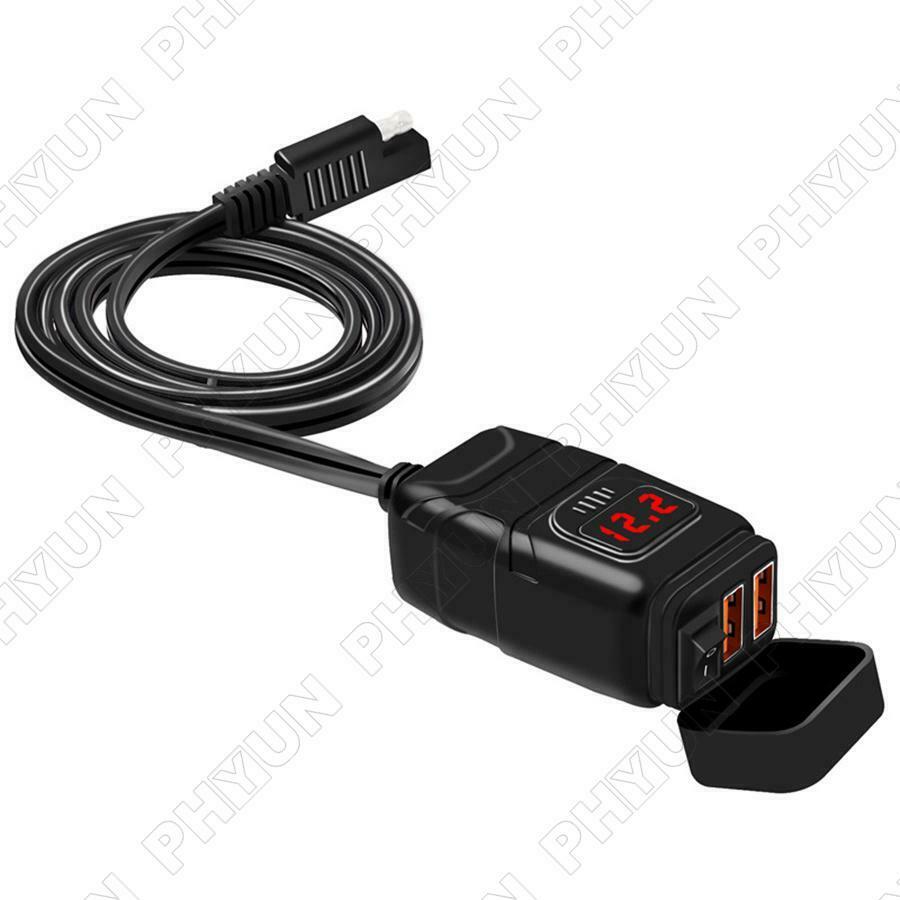 Dual USB Motorcycle Handlebar Phone Charger QC3.0 Fast Charging w/ LED Voltmeter