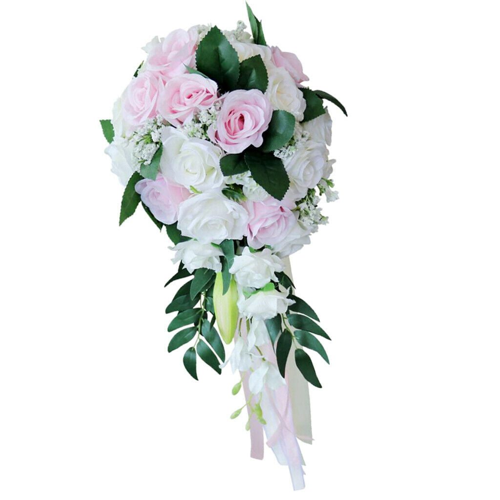 Wedding Hand Bouquet Bridal Holding Artificial Flowers White + Pink