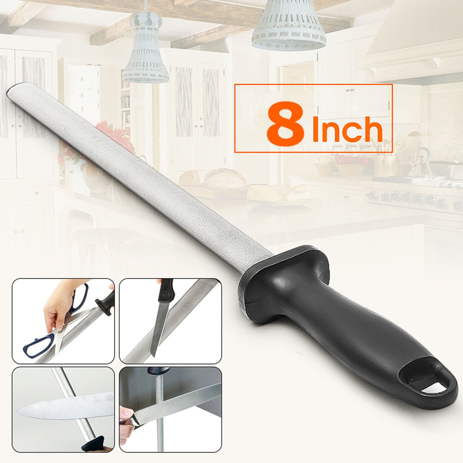 8 Inch 600Grit Diamond Kitchen Sharpening Carbon Steel Rod Sharpener Stone Tool