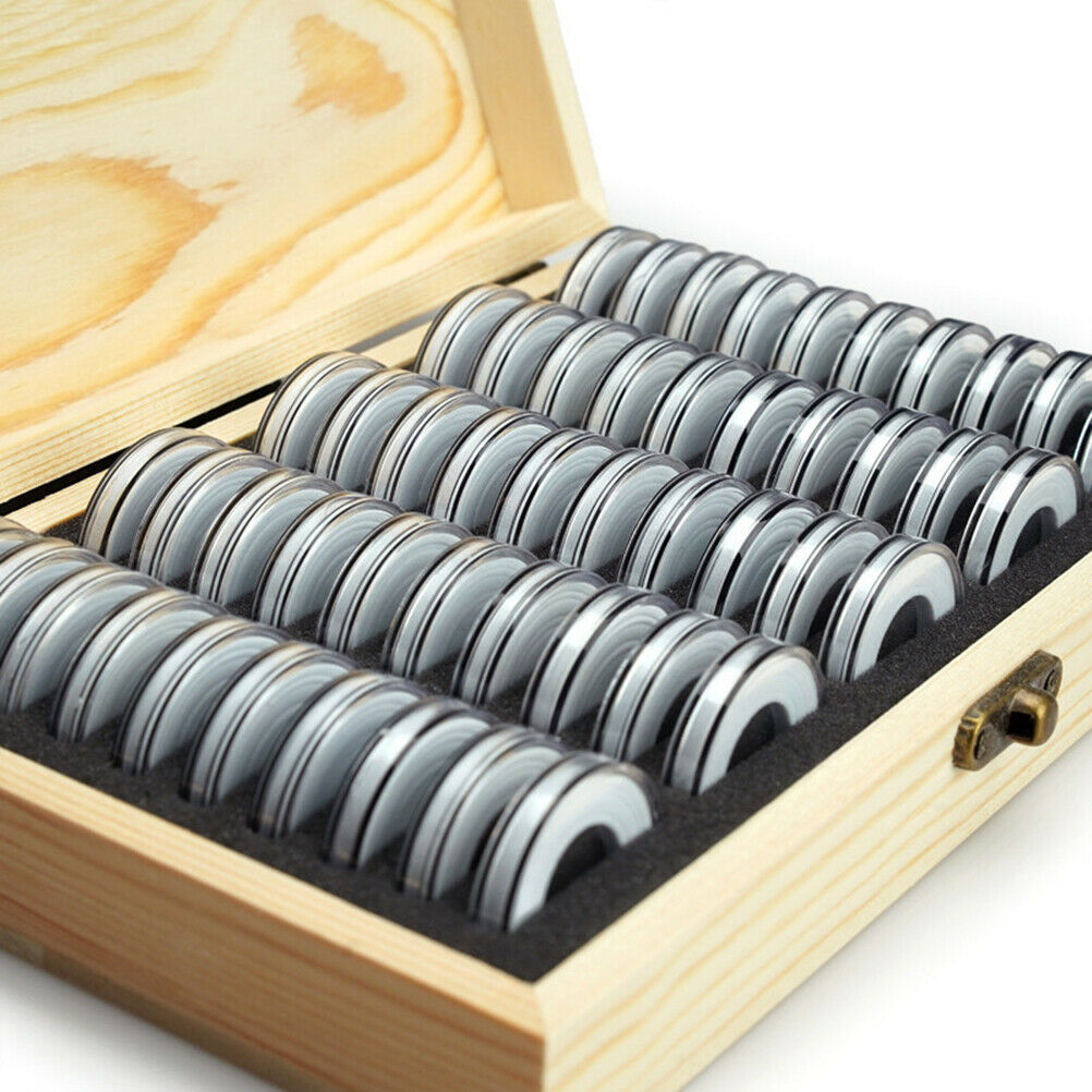 50Pcs Coin Holder Case with Wooden Storage Box Round Coin Capsules Organizer