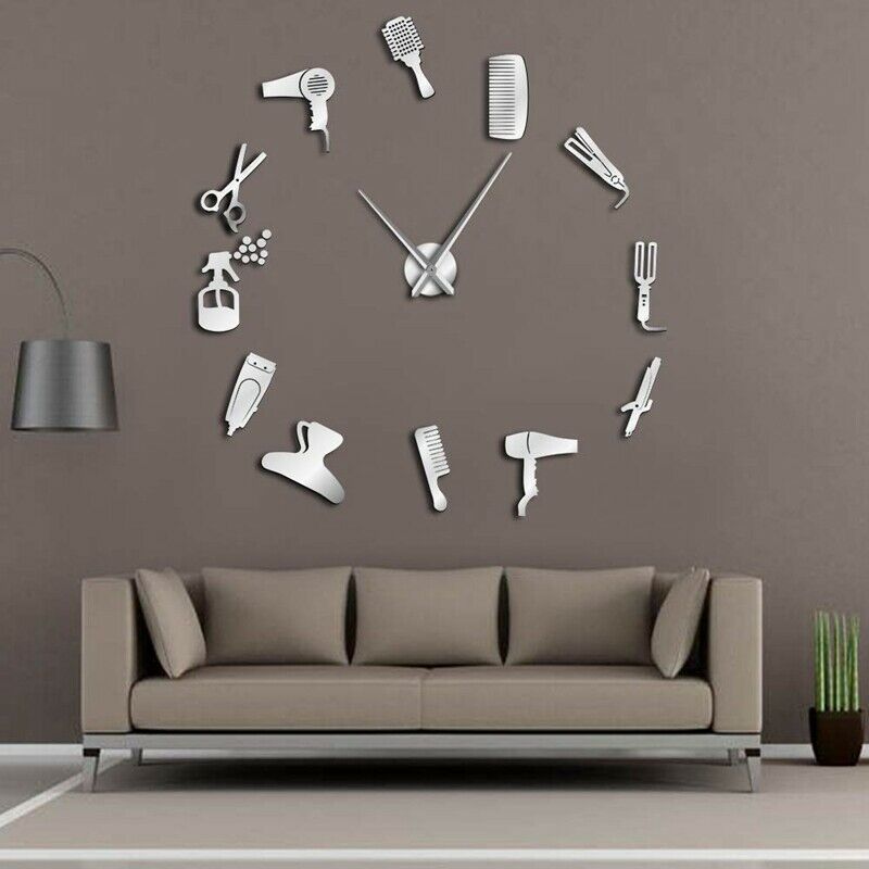 Diy Barber Shop Giant Wall Clock with Mirror Effect Barber Toolkits DecorativeY8