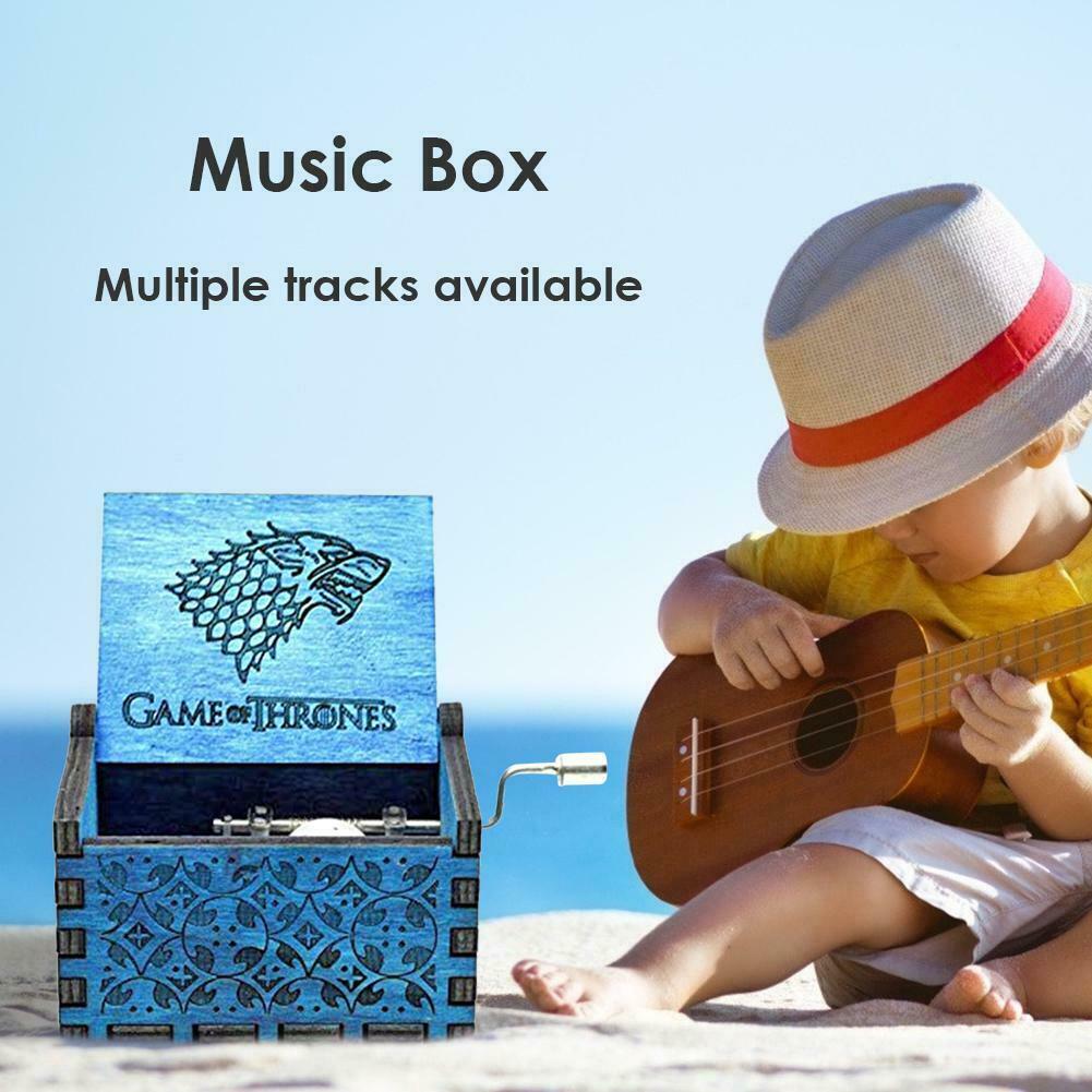 Retro Blue Wood Hand Cranked Music Box Child Xmas Gift Home Decor Ornament @