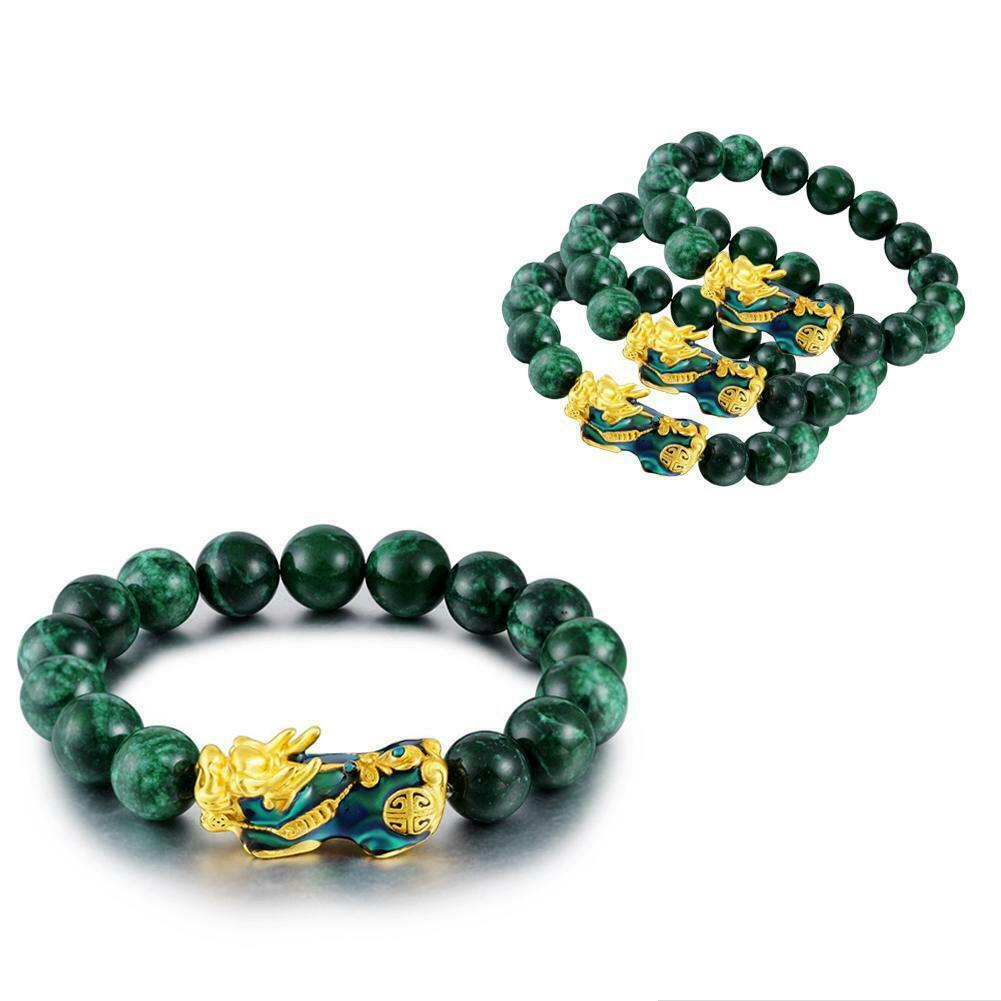 Natural Green Jade  Beads Wealth Golden Feng Shui Pixiu Bracelet 10mm Gift