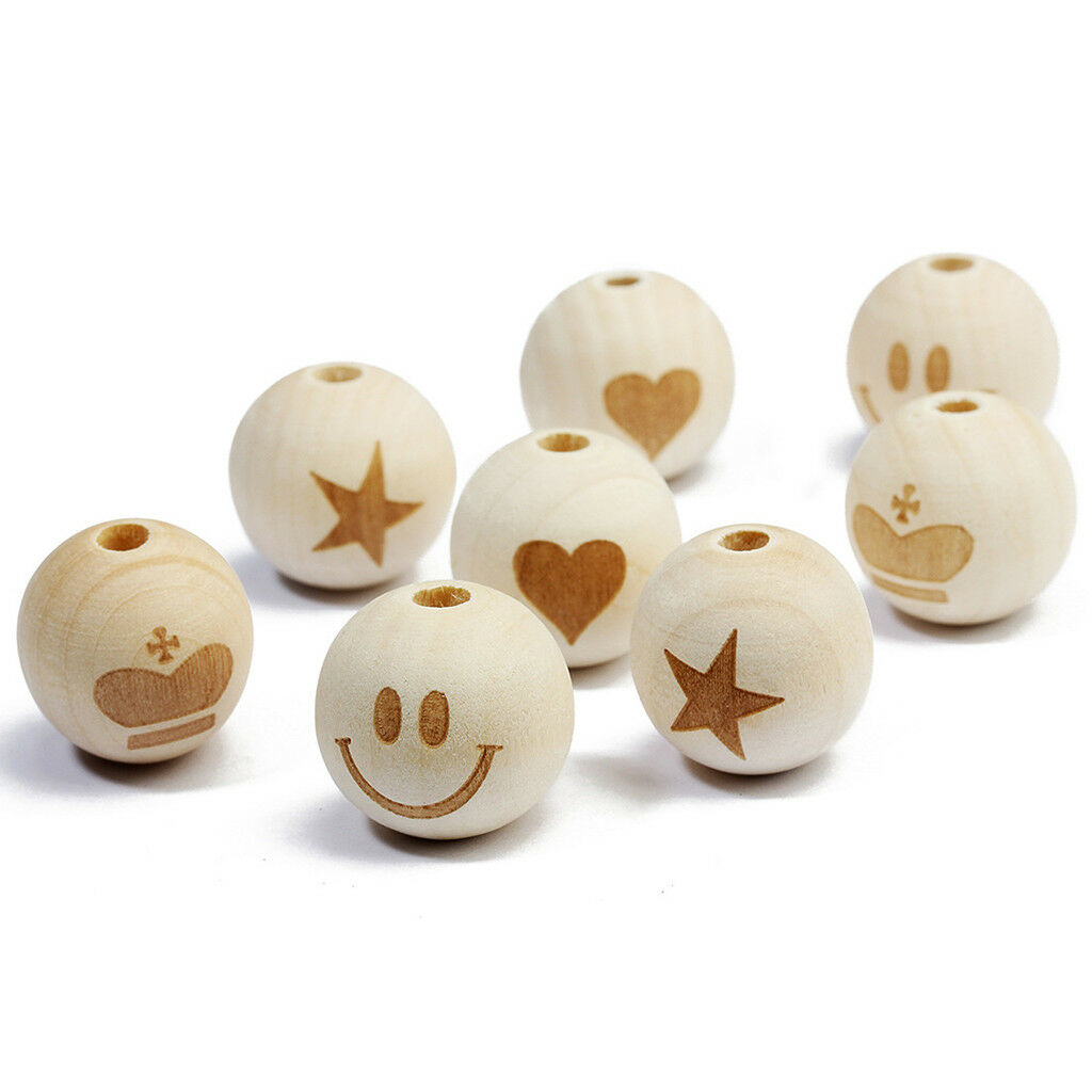 20pcs Star Printed Unfinished Wood Round Wooden Beads for DIY Crafts 20mm