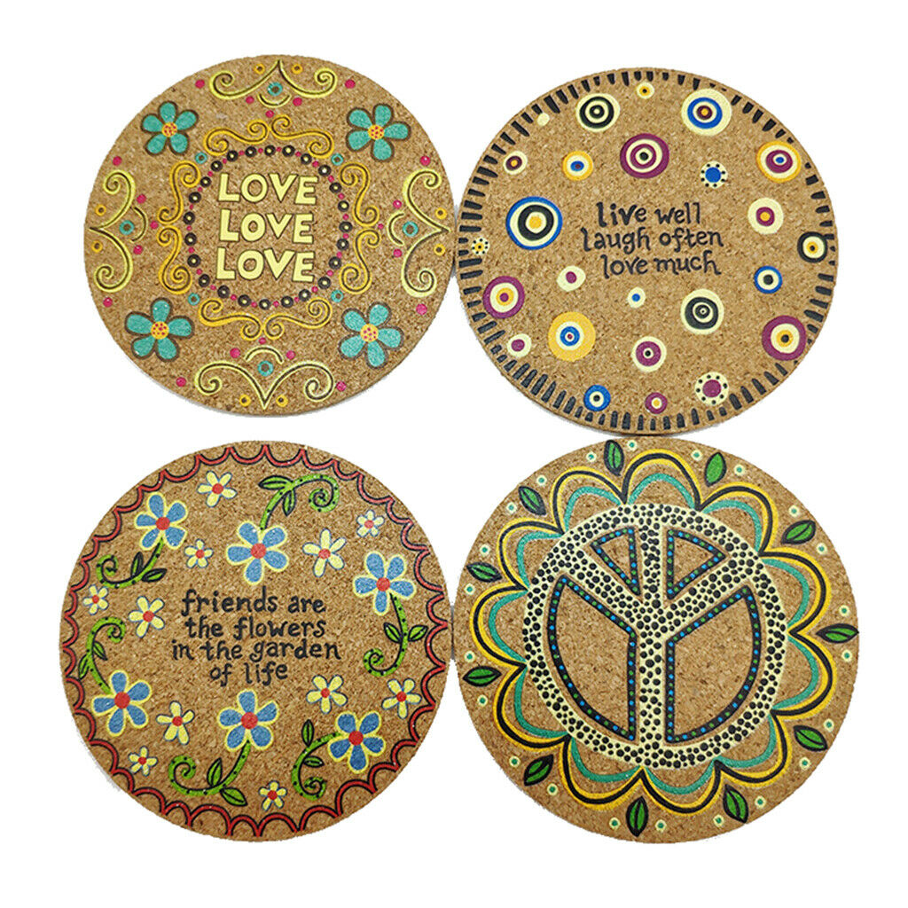 4pcs Cork Drink Coasters Heat Resistant Patterned Mats Moisture Absorbing