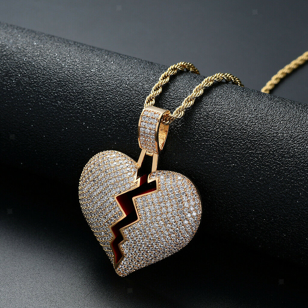 Heart-broken shape pendant zircon hip-hop necklace Golden