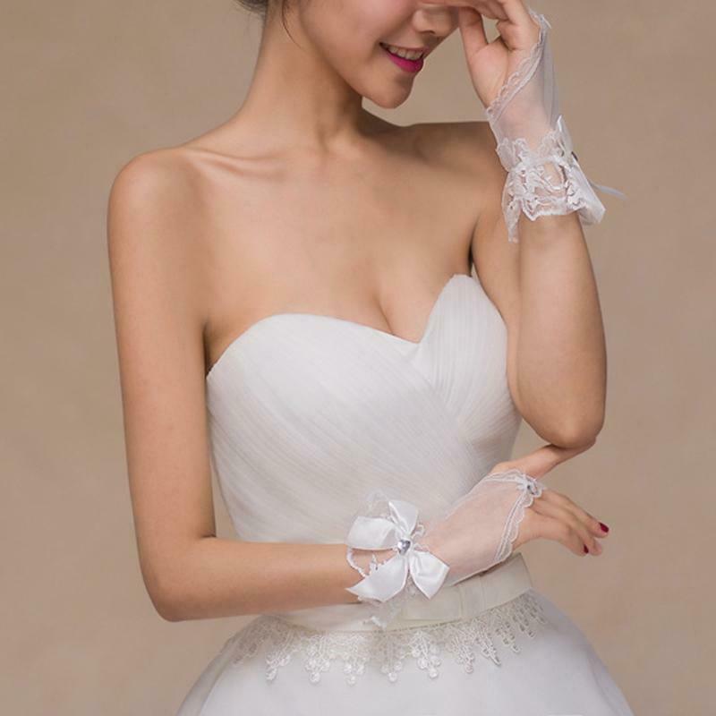 Wedding Fingerless Bridal Short Gloves Lace Floral Heart Rhinestone Bowknot Soft