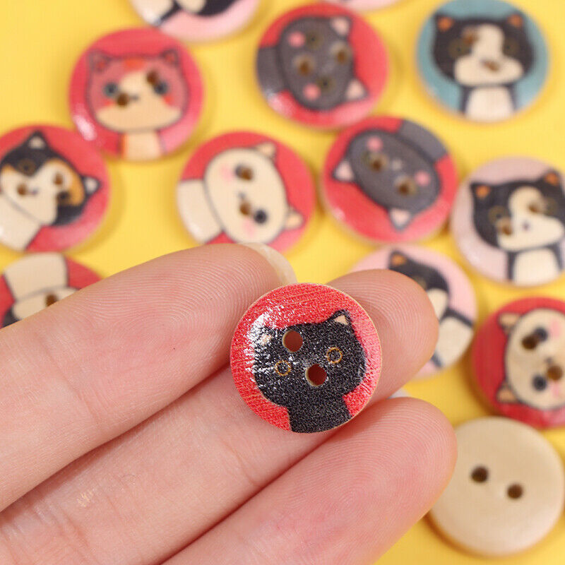 50Pc 15mm Round Wooden Buttons 2 Holes Lovely Cat Buttons For Clothing De.l8