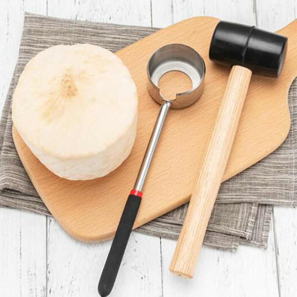 Coconut Bottle Opener Coconuts Tool Set With Hammer + Meat Removal Scraper