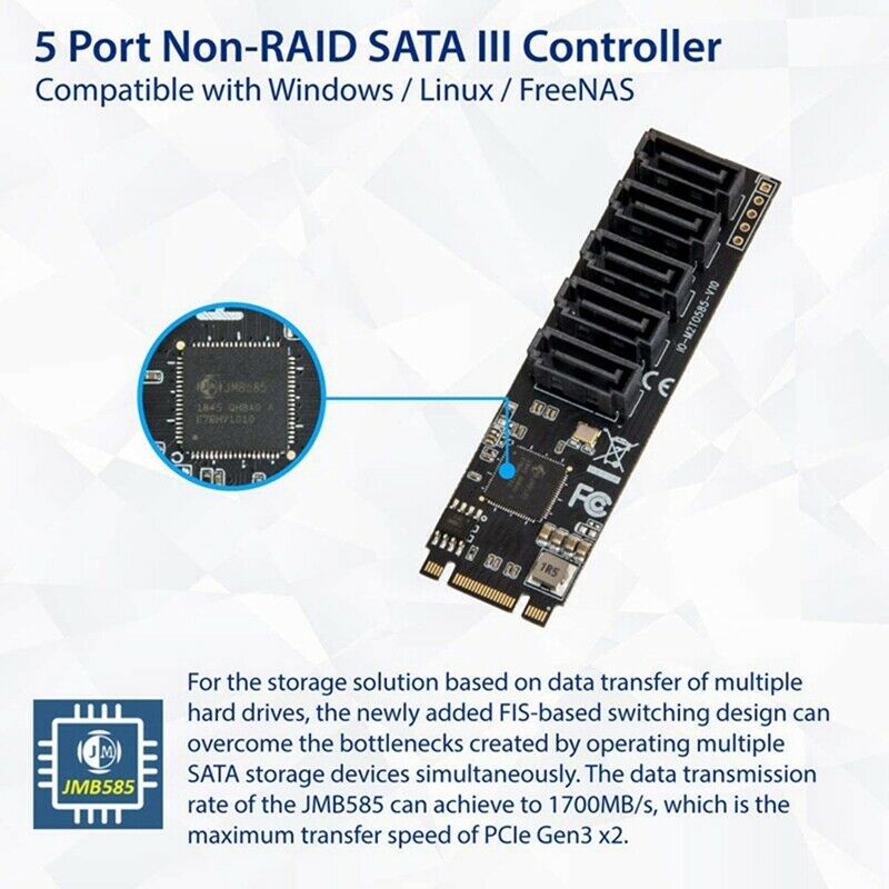 M2 to SATA3 Expansion Card,M.2 NVME to SATA3.0,SSD Adapter 5 Port,M.2(PCIe) toZ5