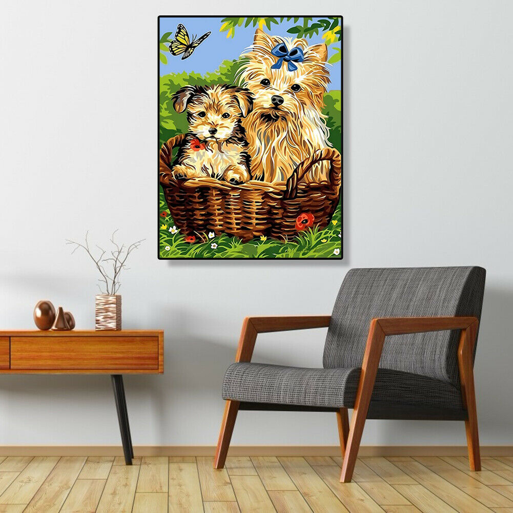 Painting By Numbers Kit DIY Two Dogs Canvas Oil Wall Picture Home Artwork @