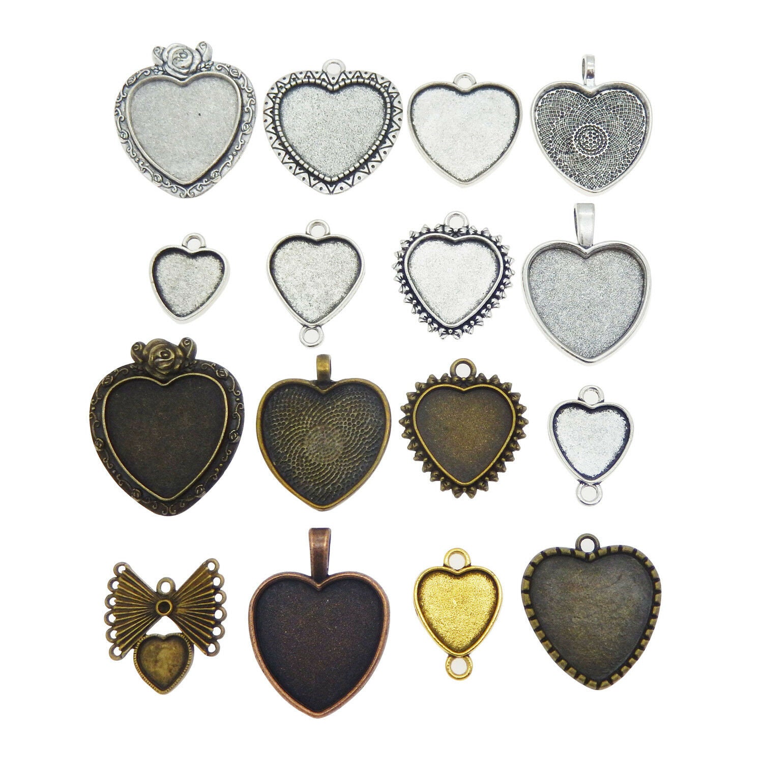 9 Mix Retro Alloy Base Settings Heart Pendant Tray Bezel Frame Charm DIY Crafts