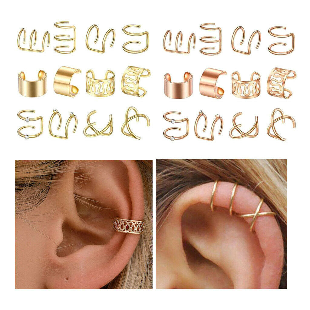 12-Pair Ear Cuff Mixed Style Non-Piercing Jewelry Earrings Hoop Women Unisex