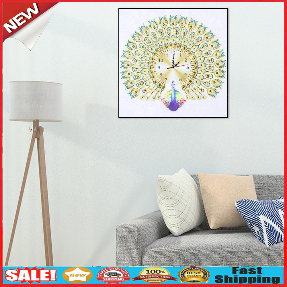 DIY Peafowl Special Shaped Diamond Painting Embroidery Clock Home Decor @