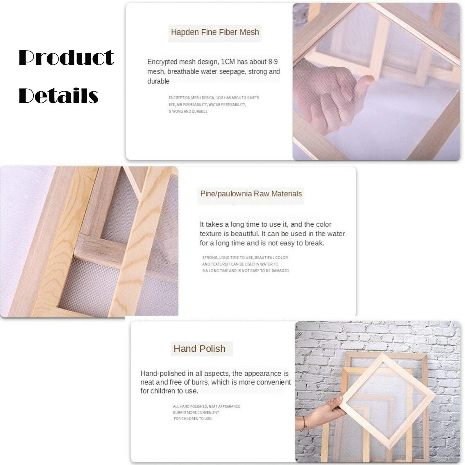 3x Natural Wooden Paper Making Handmade Mould Screen Frame DIY Art Craft Tool