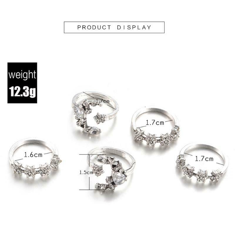5PCS Shiny Crystal Moon Star Fully Inlaid Cubic Zircon Finger Knuckles Ring Set