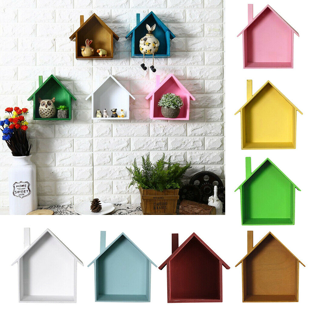 2x Wood Shelves Floating Storage Shelf Wall Decor House Shaped Blue White for