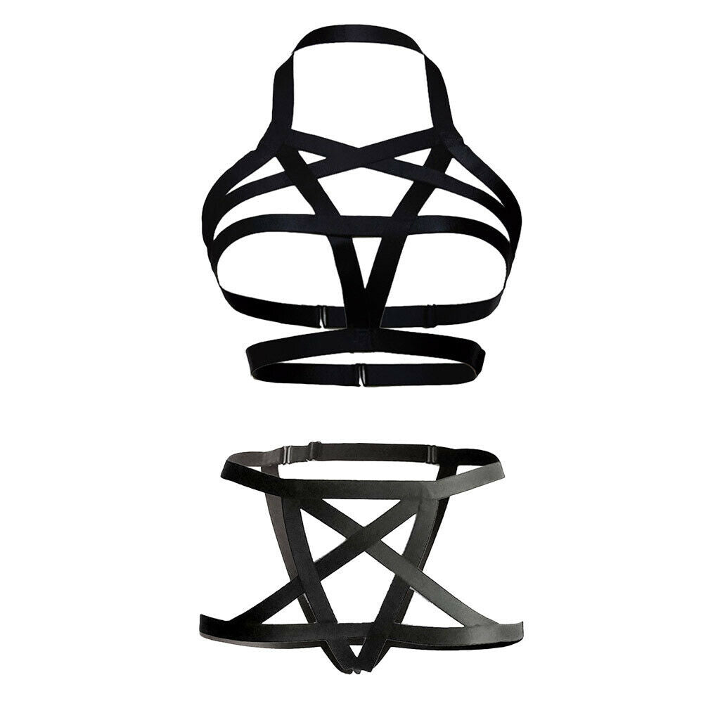 Sexy Women's Black Harness Bra Bustier & Straps Harness Garter Set Nightwear