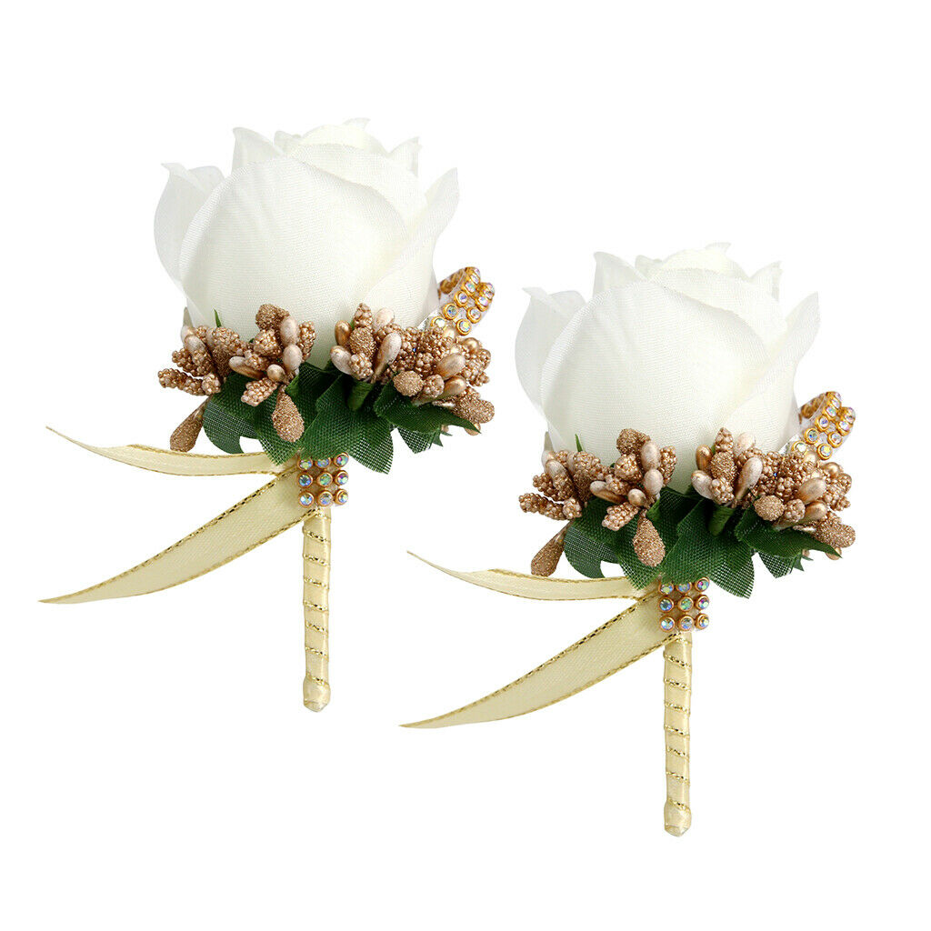 2pcs Wedding Boutonniere Corsage Fabric Rose Flower Brooch for Wedding Party