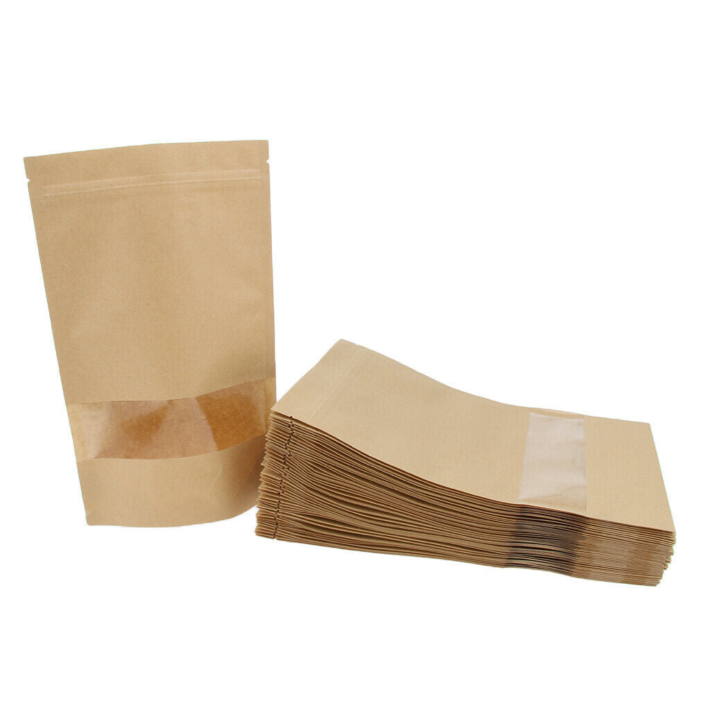 100x Kraft Paper  Bag Stand Up Pouches Food Storage 16x22cm