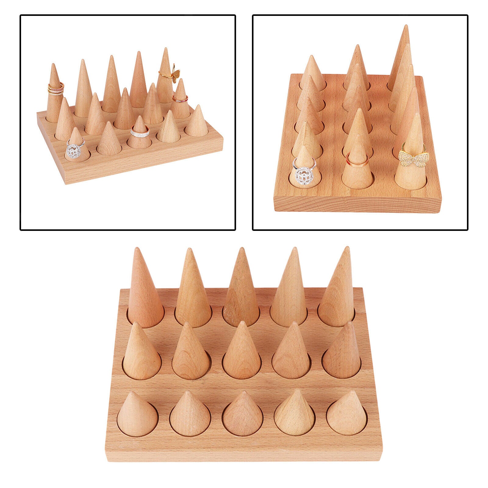 15 Finger Ring Jewelry Showcase Display Stand Cone Shape Organizer Wooden