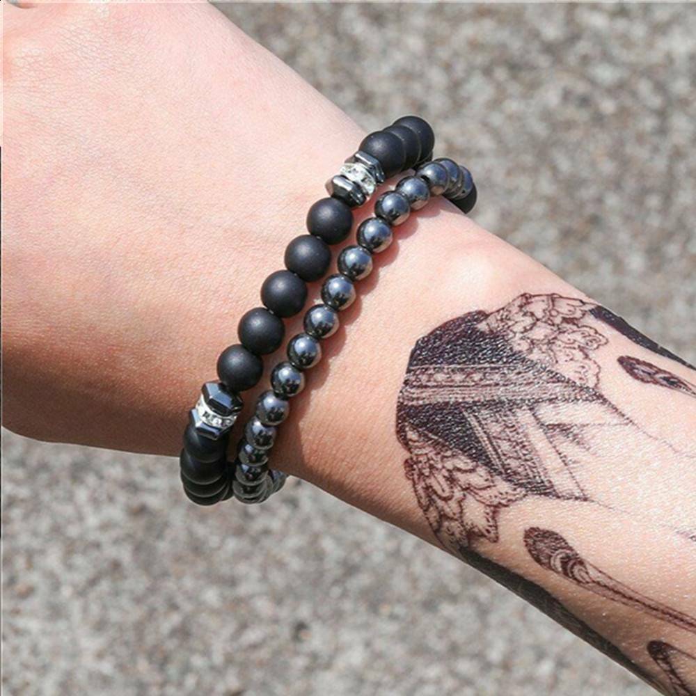 2pcs Natural Stone Cooper Bead Bracelet Set Men Matte Lava Volcanic Jewelry Gift