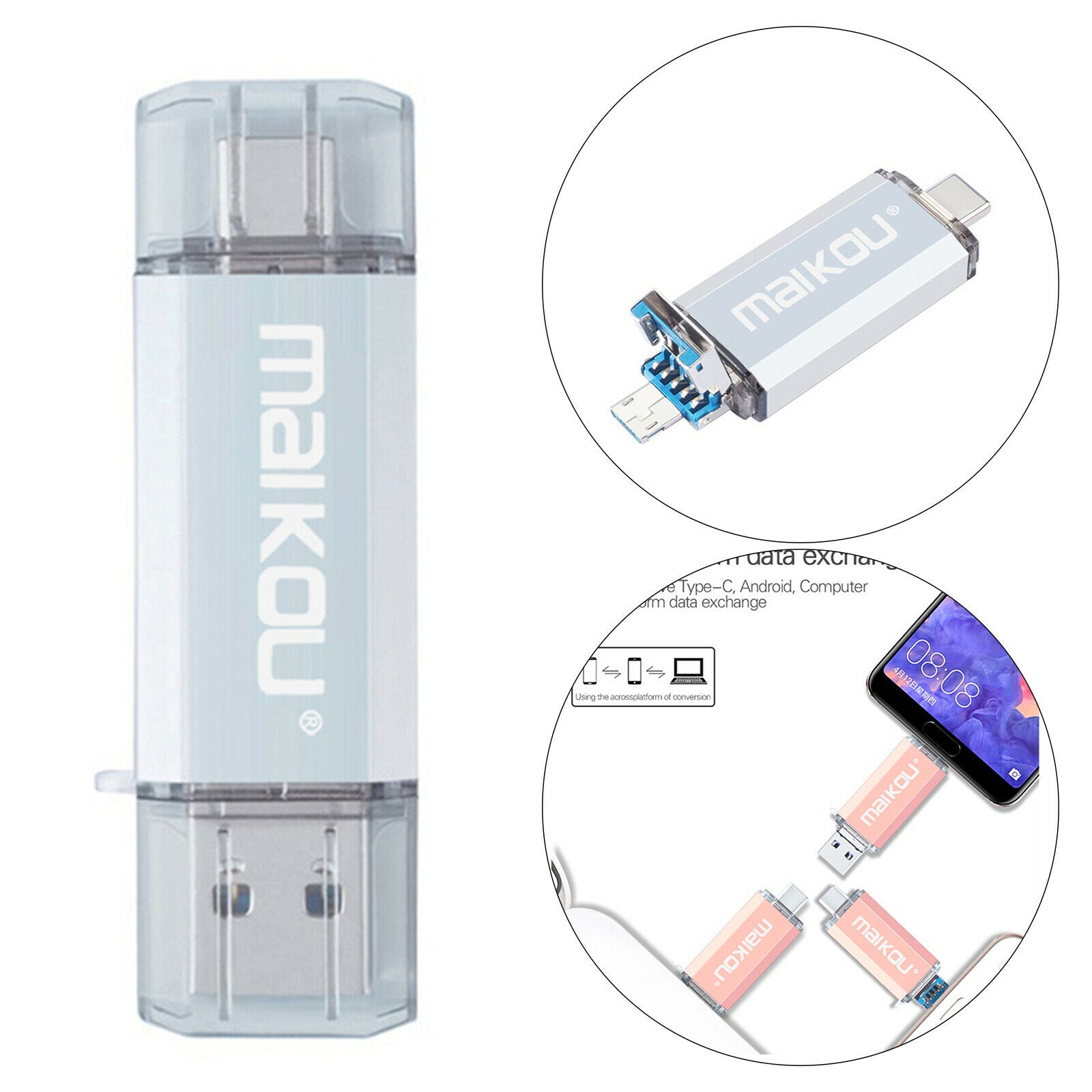 3-in-1 64G USB 3.0 Flash Drive Type-C Micro USB Memory Stick for IOS/Android