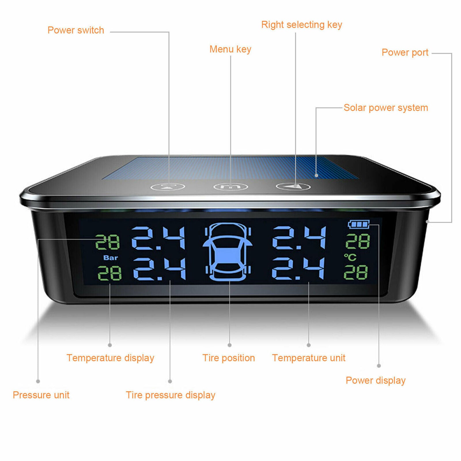 Wireless Touch Solar TPMS LCD Car Tire Pressure Monitoring System 4-Sensor Alarm