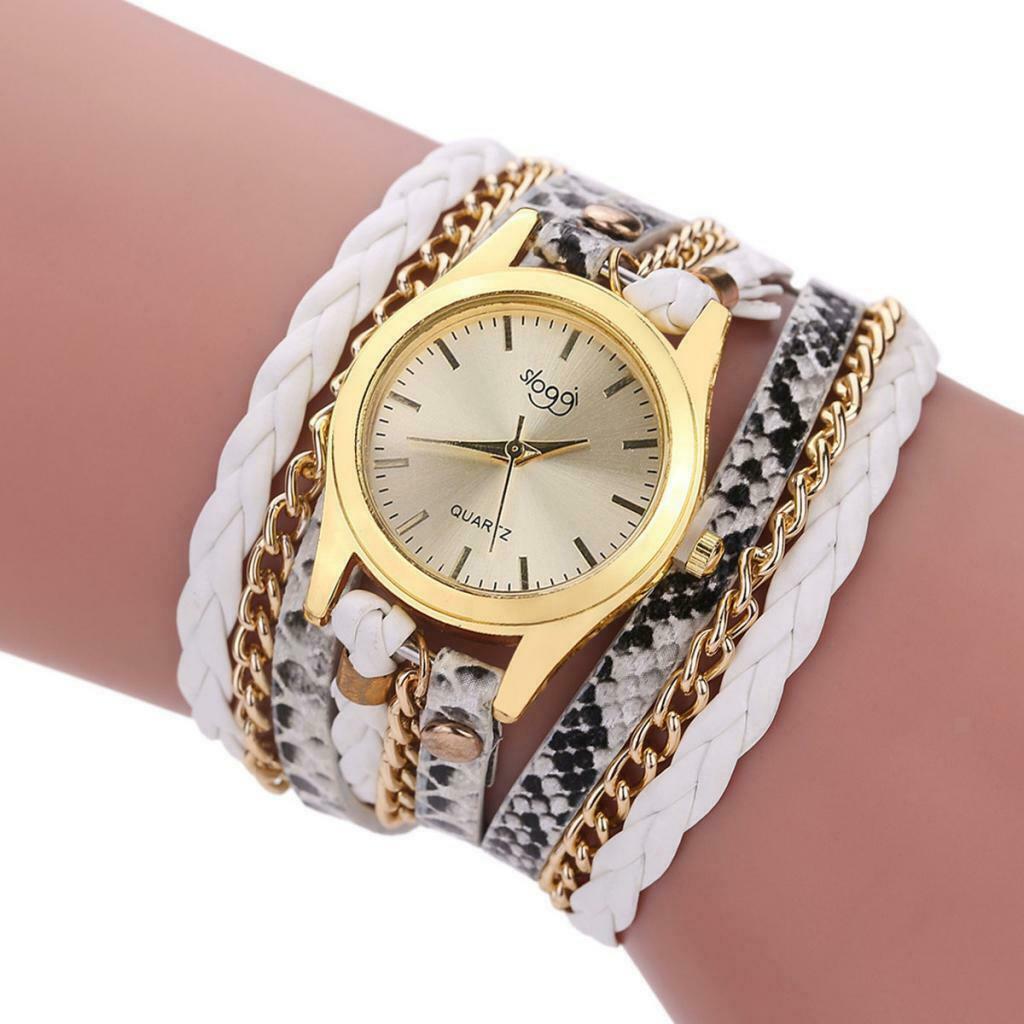 Womens Multilayer Wristwatch Weave Wrap Leather Bracelet Wrist Watch White