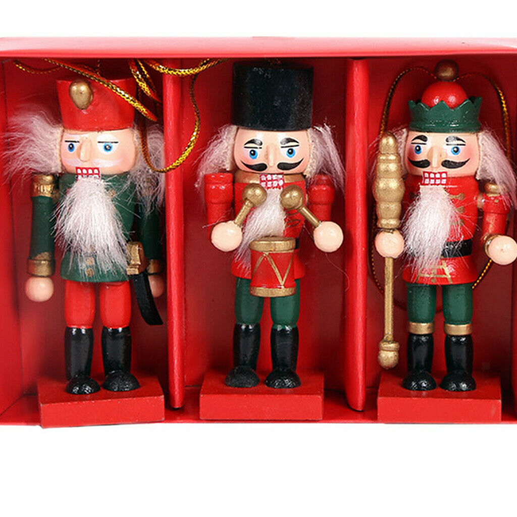 3Pcs 10cm Height Wooden Nutcracker Soldier Ornaments Kit Xmas Hanging Decor