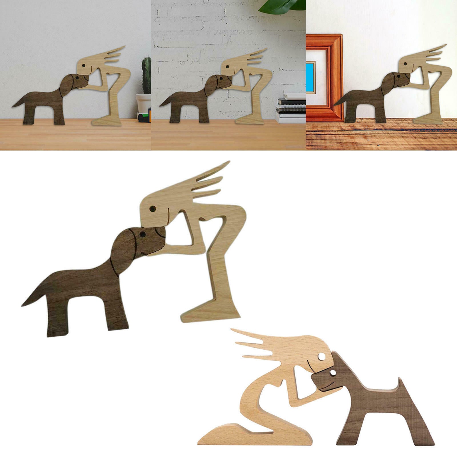 2pcs Wood Carving Cute*Dog Statue Pet Sculpture Statue Bookcase Shelf Decor