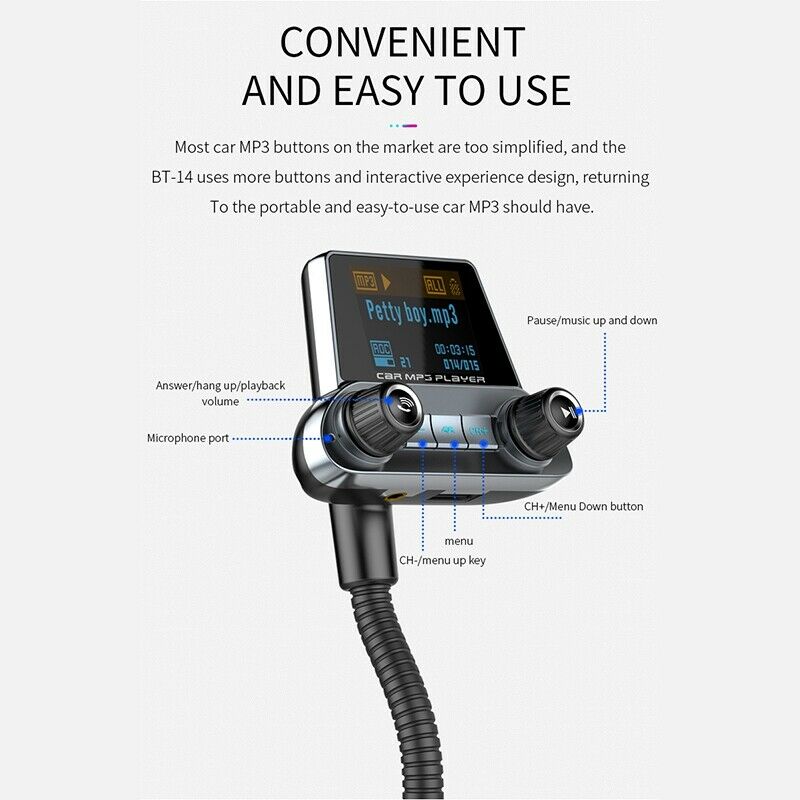 Car Bluetooth 5.0 FM Transmitter Wireless Handsfree Audio Receiver Car MP3 PlaK8