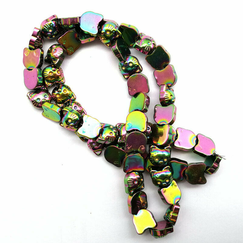 1Strand 8x8x4mm Carved Rainbow Hematite Gem Cat Head Loose Bead 15.5 inch A-54TS