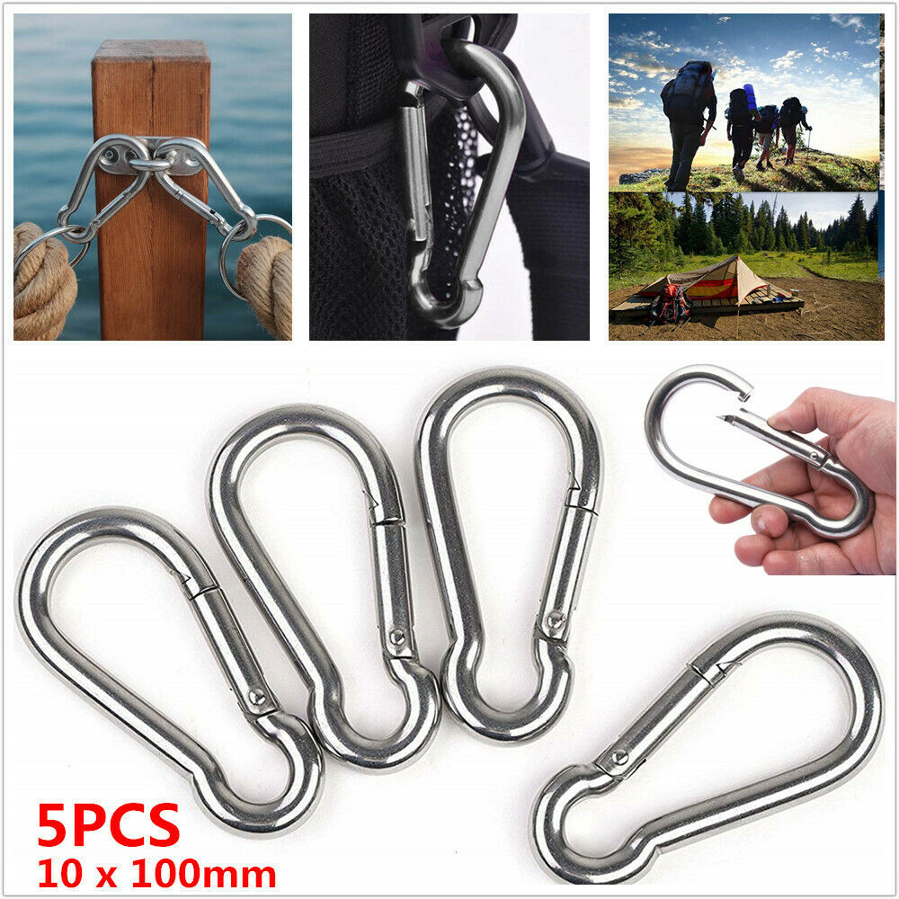5PCS Marine Grade Stainless Steel Spring Snap Hook Safety Lock Carabiner 100MM