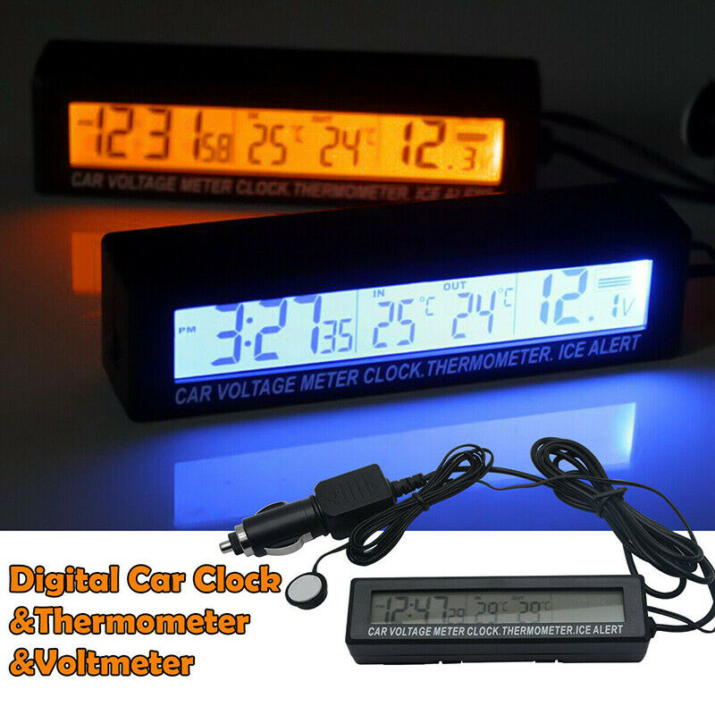12V Indoor Outdoor Voltmeter LED Digital Clock Temperature Thermometer for Car