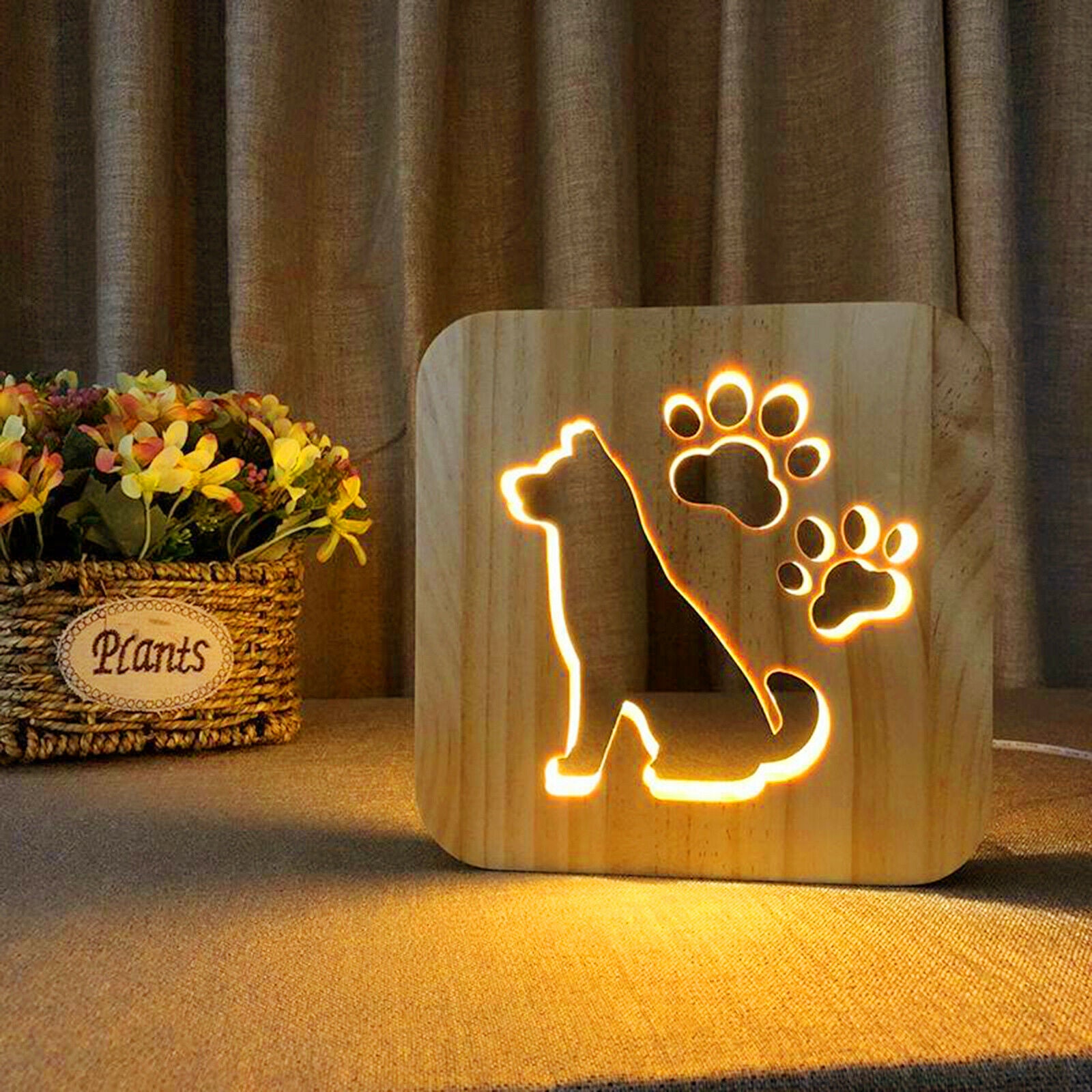 LED USB Wooden Night Light Dog Paw Hollow Bedroom Lamp Home Decoration for Kids