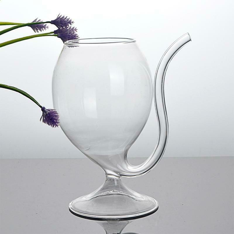 300ml  Red Wine Glass Transparent Cup Mug With Built in Drinking Tube Straw Wate