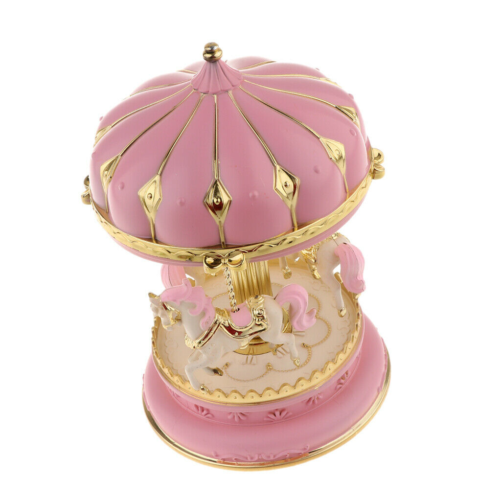 Carousel Music Box Spinning Horses Romantic Wedding Birthday Xmas Gift Pink