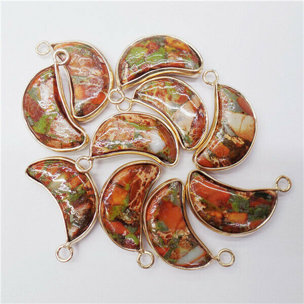 10Pcs Golden Wrapped Green&Orange Sea Sediment Jasper Moon Pendant Bead HH9017