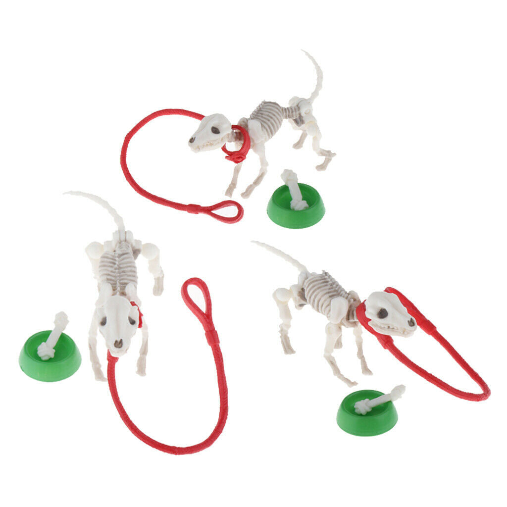3x Mini Skeleton Dog Child Pretend Toys Party Bags Filler w/ Bowl Bone