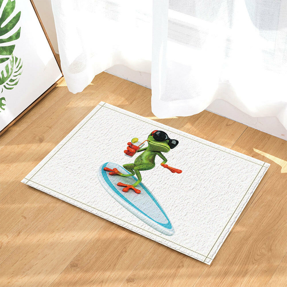Frog Wearing Glasses on Surfboard Bathroom Rug Non-Slip Floor Indoor Door Mat