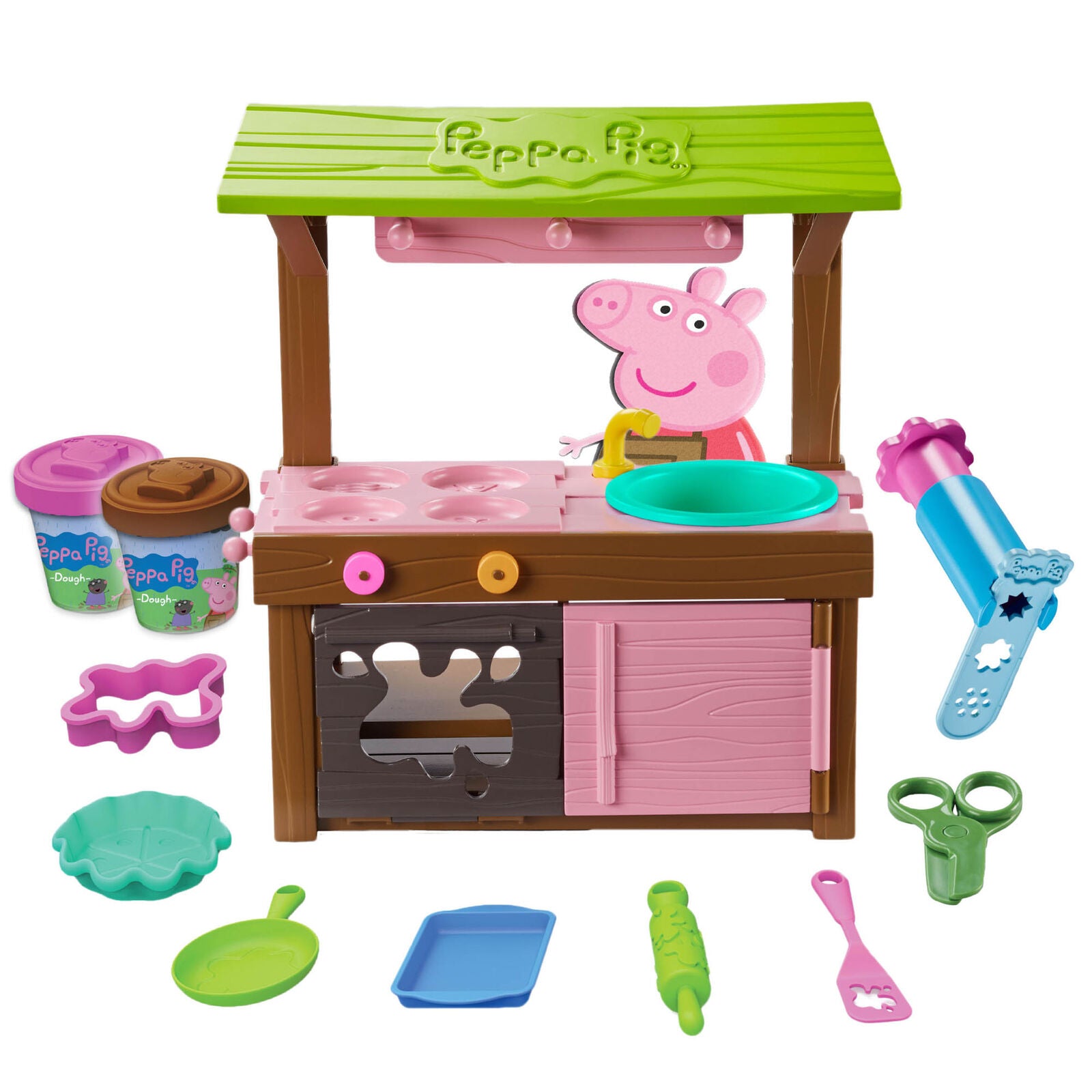 07038 Peppa Pig Peppa's Mud Kitchen Dough Set with 2 Tubs of Soft Dough Age 3+