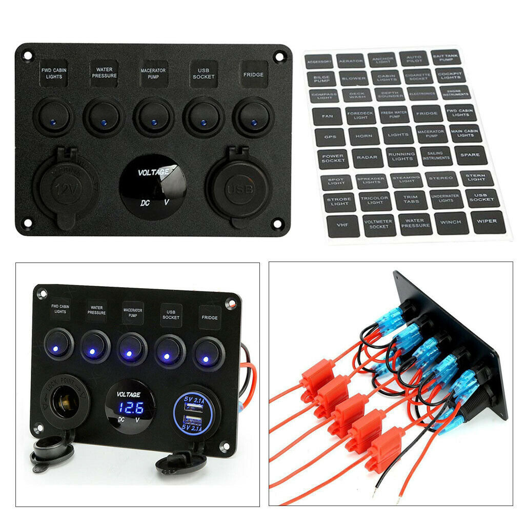 Toggle Rocker Switch Panel 2 USB 4.2A 5 Gang Toggle Switch Panel for RV Boat