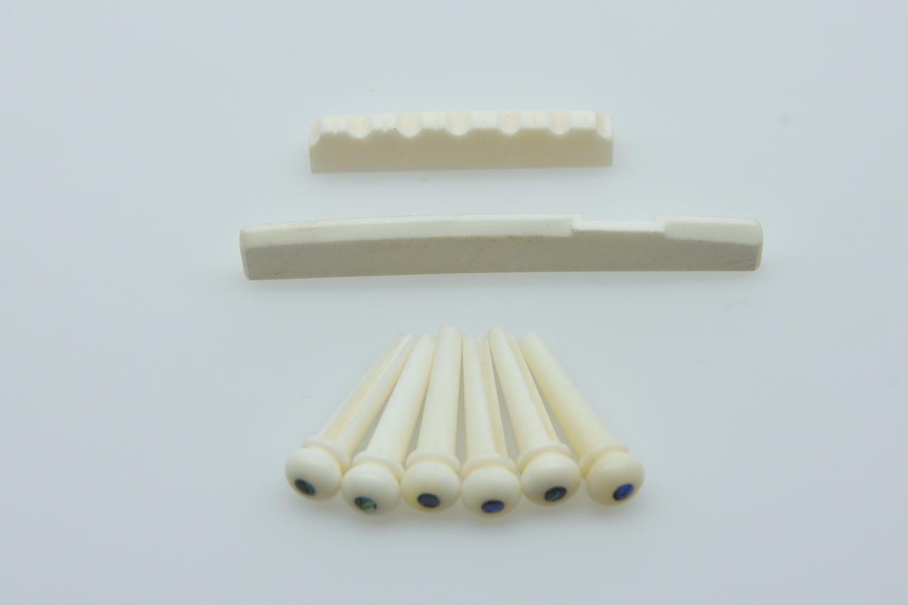 Set of Pure Bone Nut and Saddle and Bridge Pins w/ Shell Dot for Acoustic Guitar