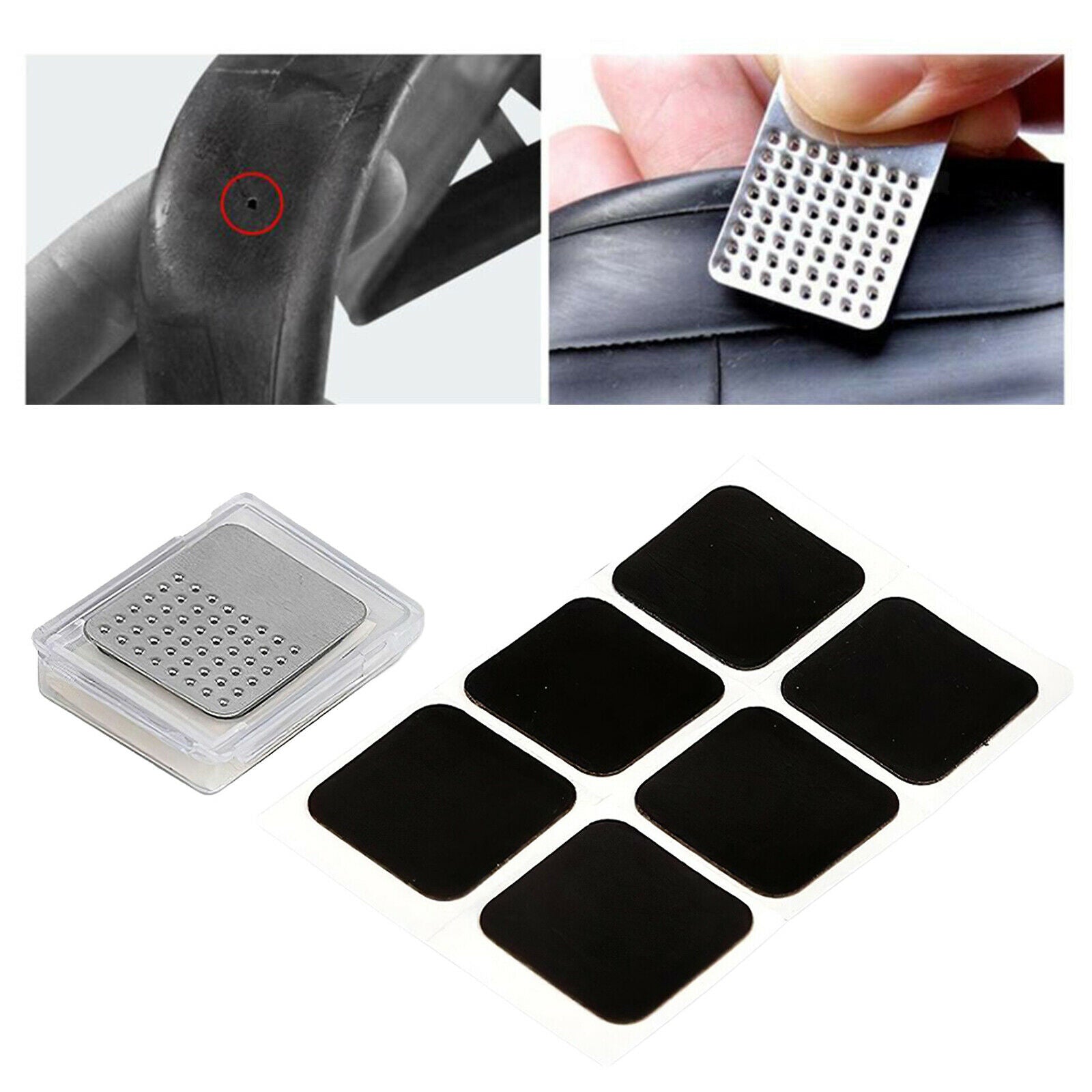 Portable 4.3x3.3cm Bike Tire Patch Glueless Square Patches Tyre Storage Case