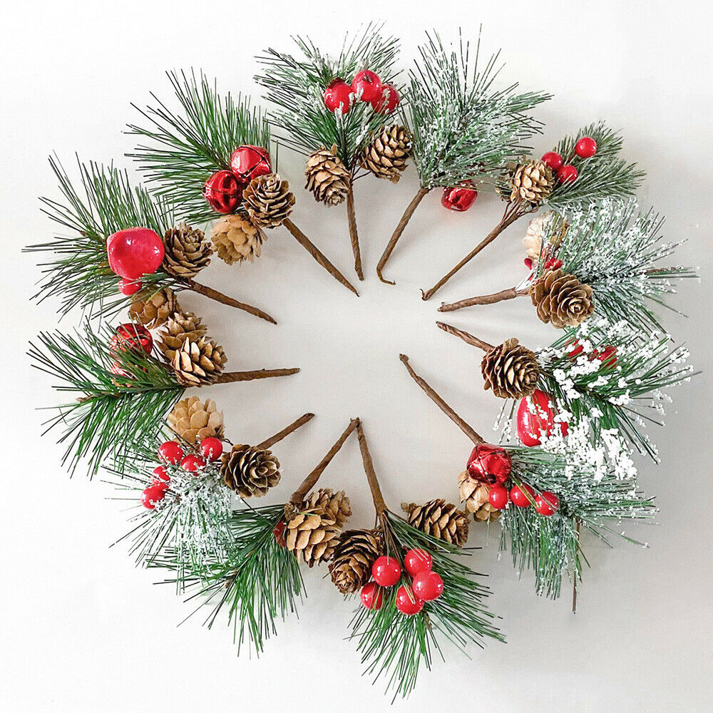 10X Christmas Artificial Flowers Pine Needles Branches Xmas Tree Wreath Ornament