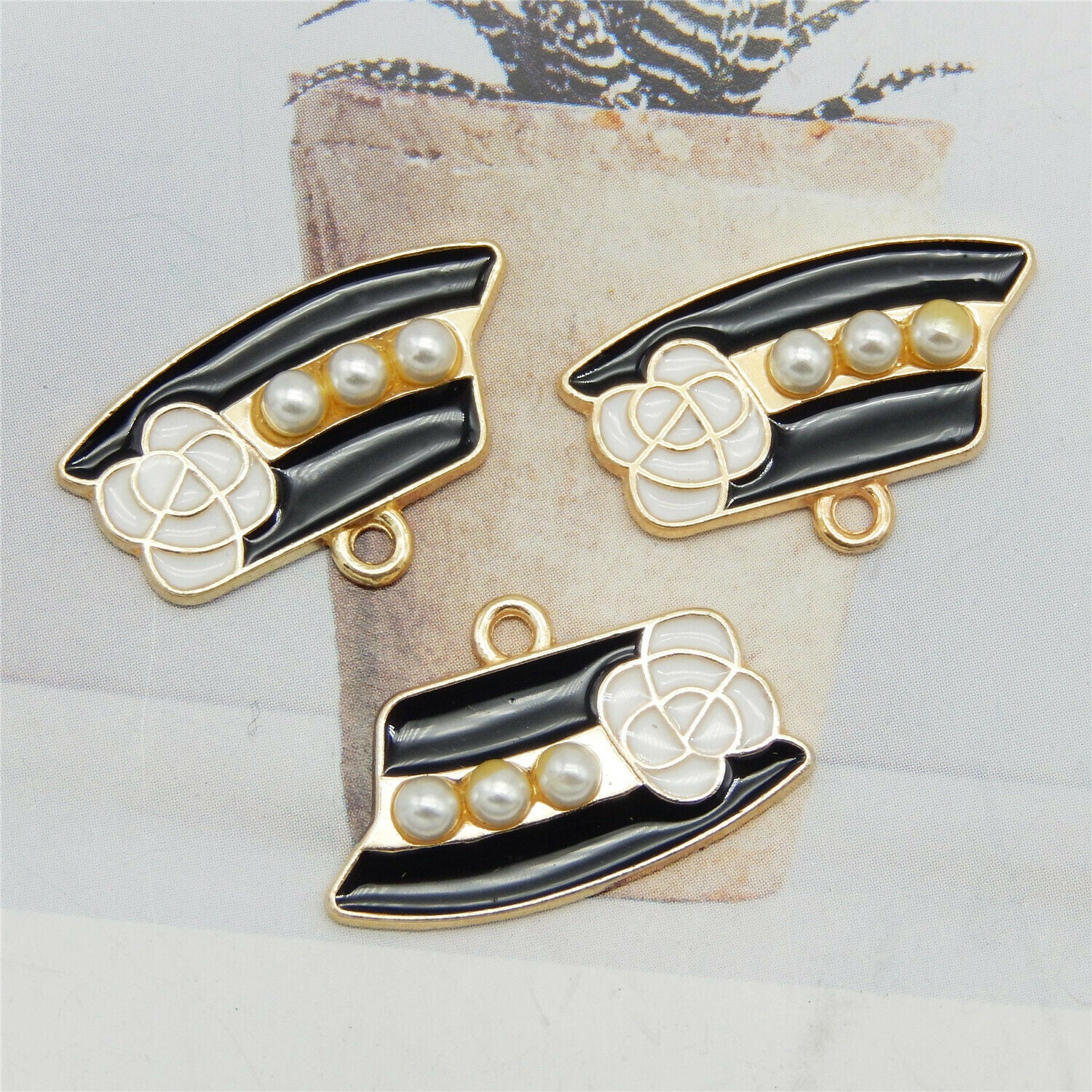 10 pcs Enamel Metal Floral Hat Charm Faux Pearls Decor Pendant Earring Dangles