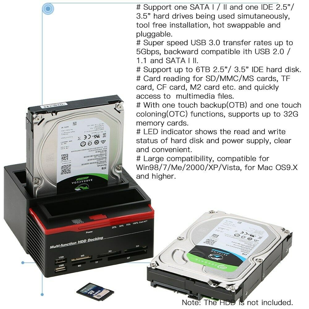 3 HDD Docking Station IDE SATA Dual USB 3.0 Clone Hard Drive Card Reader US