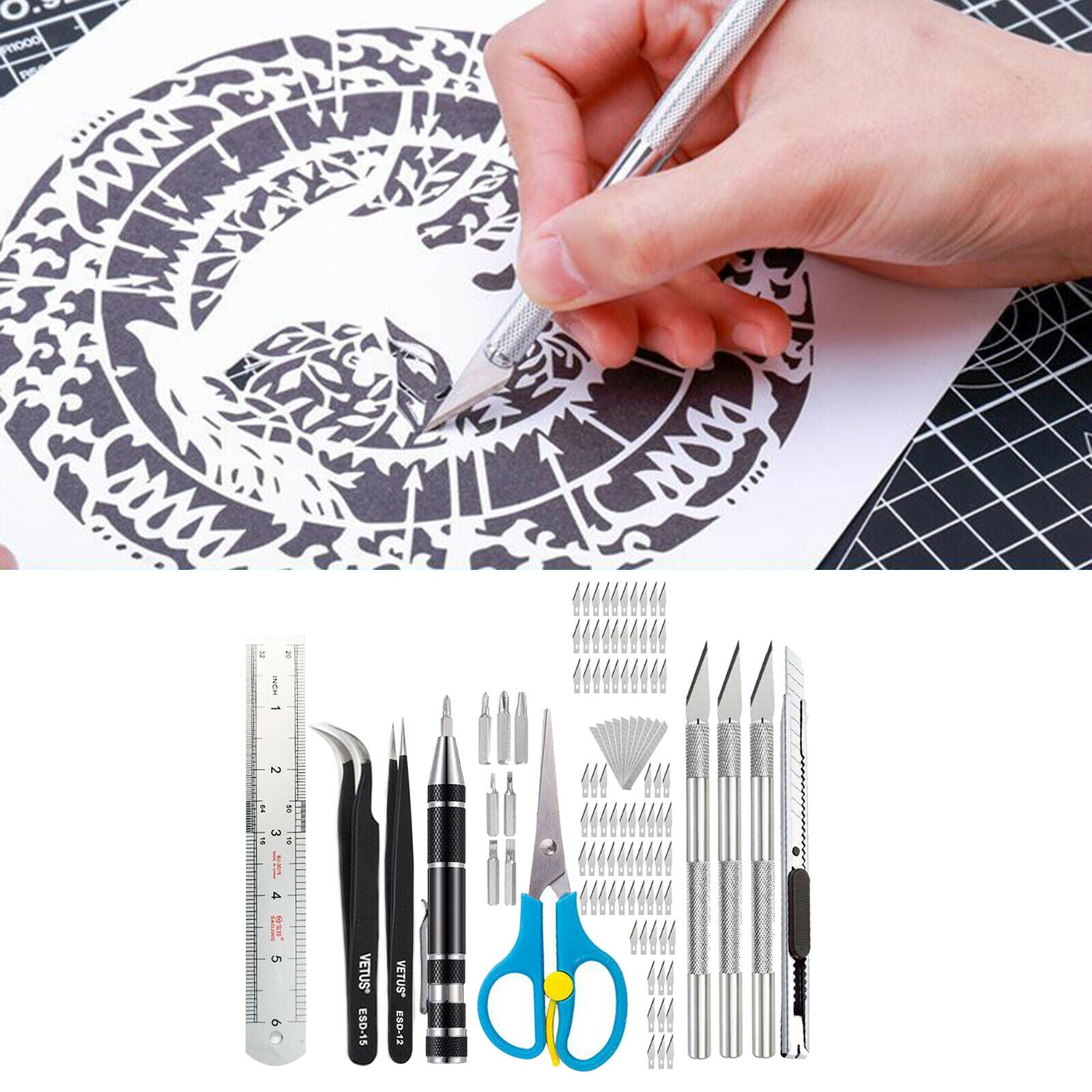105x Precision Carving Craft Hobby  Kit & Blade,Steel Ruler,SK5 Art  w/ Blade,7